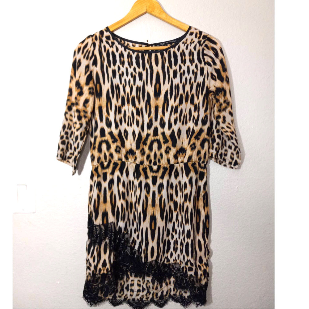 FXJC WOMAN Summer Leopard Animal Print Lace 3/4 Sleeve Brown Black Size S Blouse